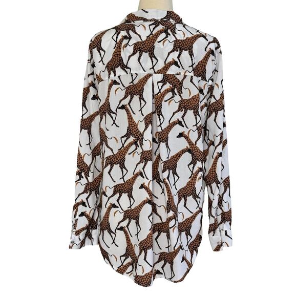 JANE + DELANCEY Giraffe Safari Button Down Long Sleeve Casual Retro Blouse Sz L - Picture 6 of 14